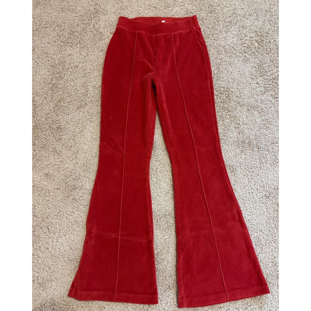 Aerie Red Corduroy Flare Pants High Waisted Elastic Waist Stitched Seam XS Reg